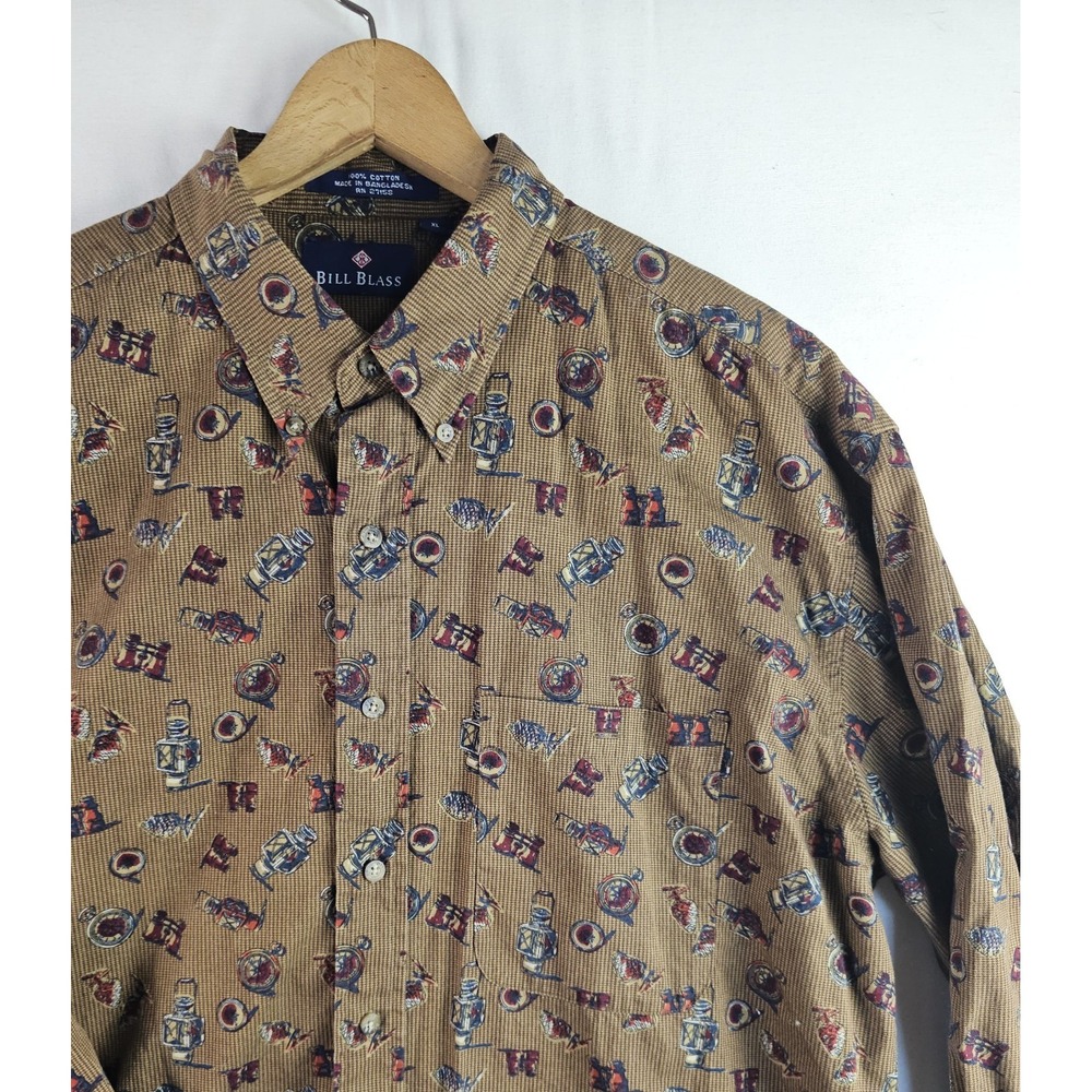 Bill Blass Long Sleeve Brown Camping Nature Lantern All Over Print Mens XLT Long
